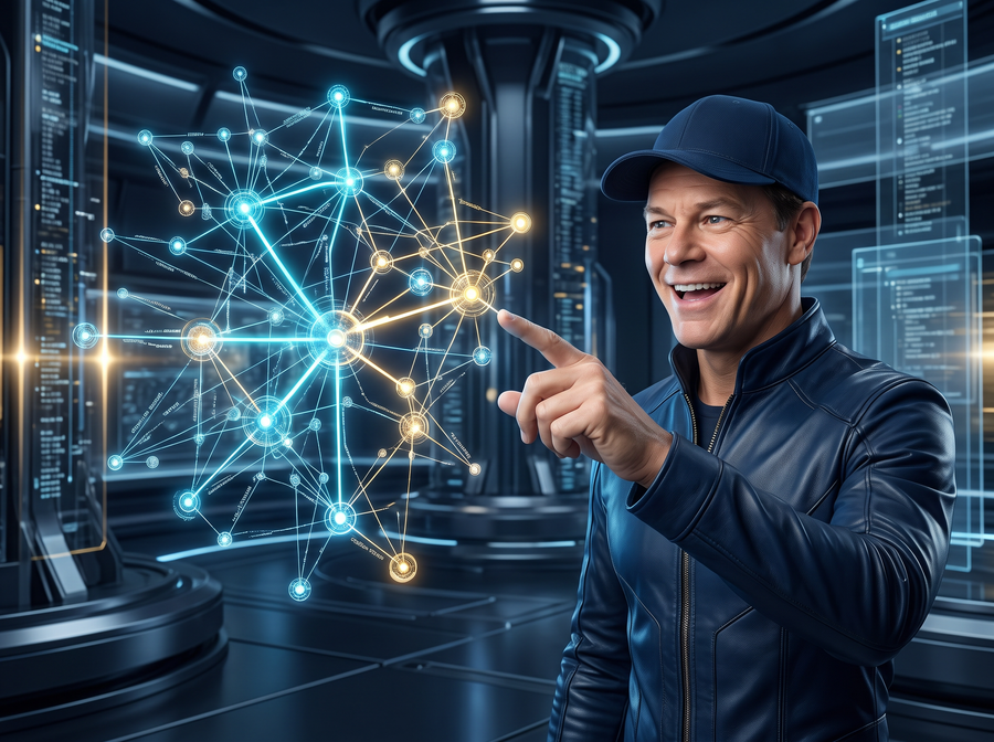 J. Carter in knowledge center presenting interconnected AI answer nodes and citation pathways in cyan and gold holograms