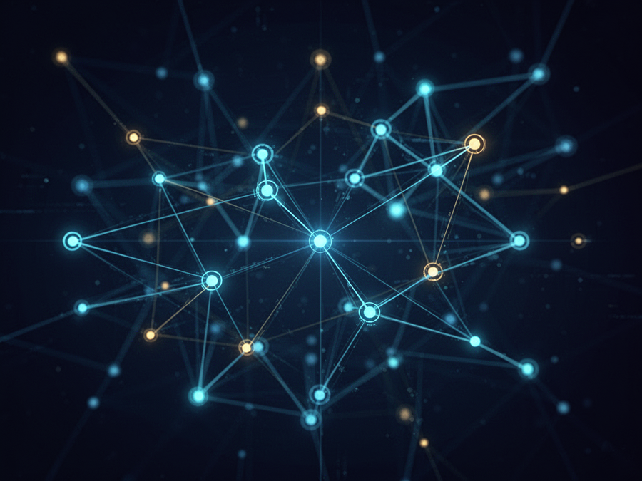 Abstract network map showing connected marketing data points in electric blue on a deep navy field