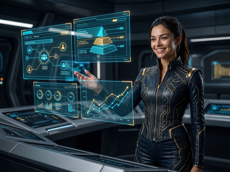 Dr. Aris in futuristic ad command center presenting holographic search ad campaign dashboard with bid and conversion signals