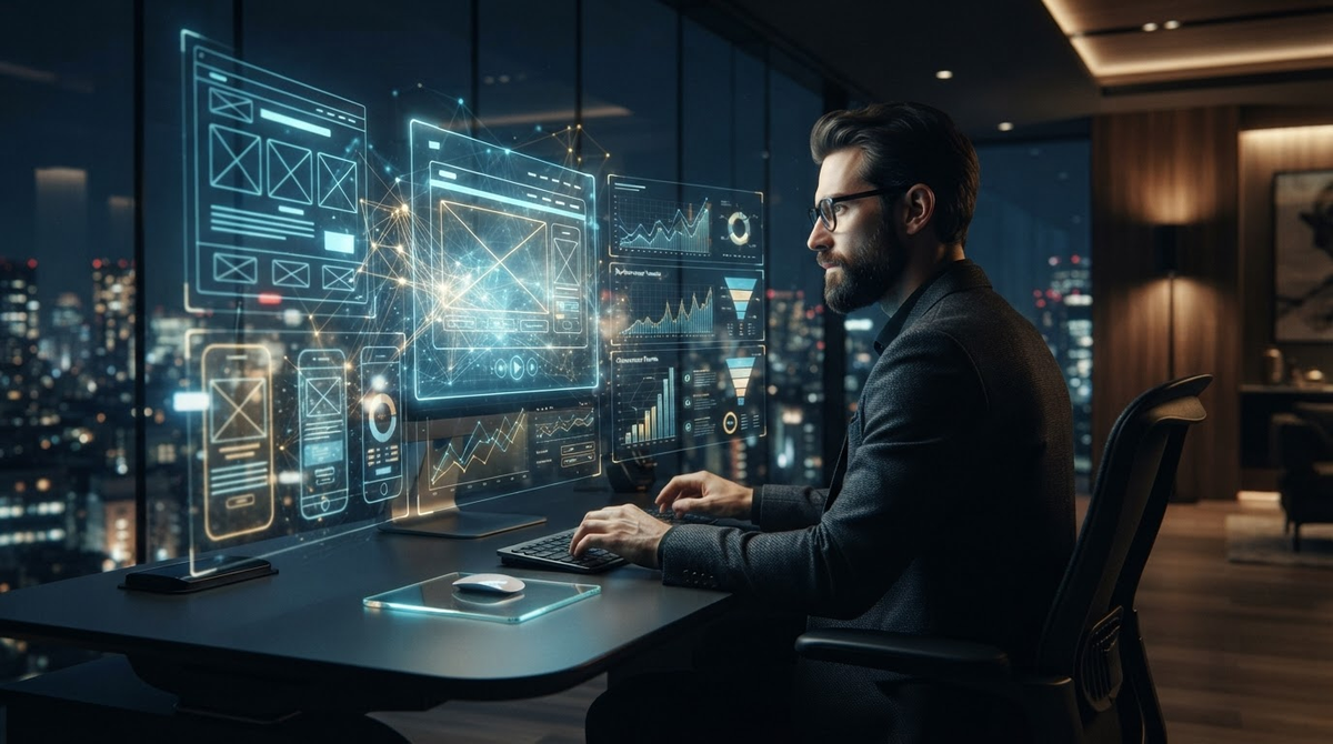Marketing scientist similar to Dr. Aris designing a modern business website on a futuristic workstation with holographic previews showing website layouts, answer visibility signals, and growth analytics in deep navy and gold