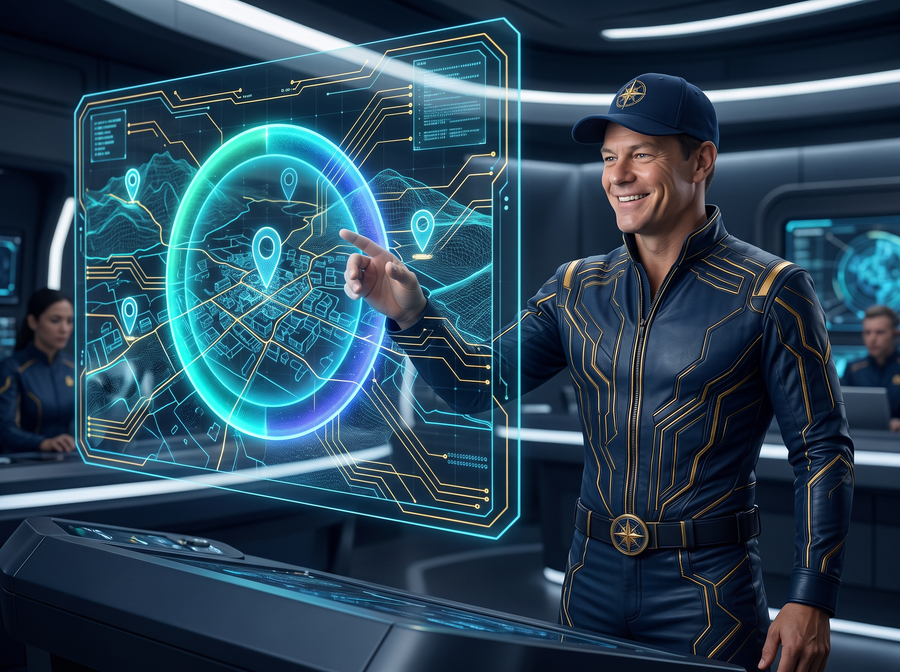 J. Carter, marketing specialist in navy and gold uniform and cap, excitedly pointing to a holographic local map with location pins and nearby customer radius