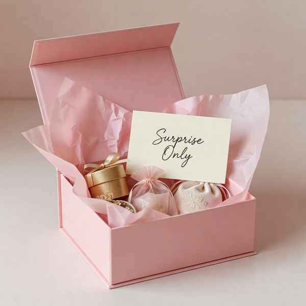 Pink surprise gift box with handwritten card