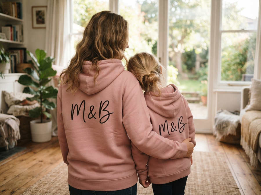 Mom and daughter wearing matching pink M&B hoodies