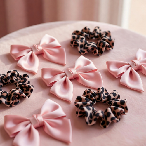 Pink satin and leopard print hair bows