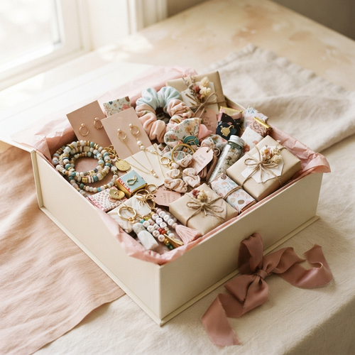 Open ivory deluxe surprise box filled with colorful handmade jewelry, accessories, charms, and wrapped gifts