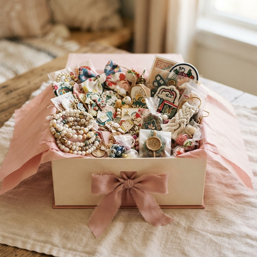 Open blush and ivory specialty surprise box overflowing with colorful handmade gifts, jewelry, accessories, charms, and wrapped treats