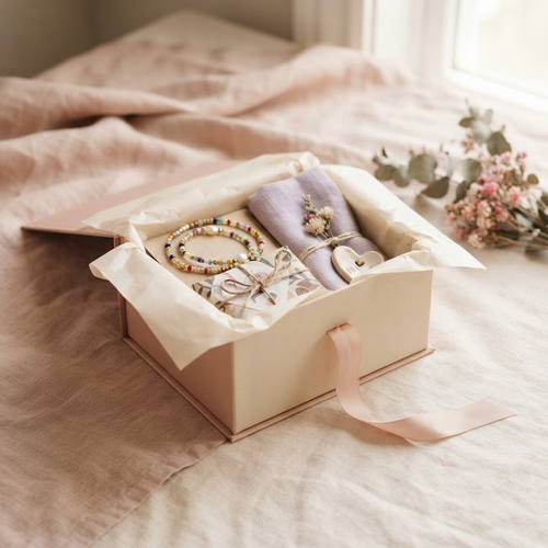 Open blush and ivory surprise gift box with tissue paper, ribbon, and colorful handmade gifts inside