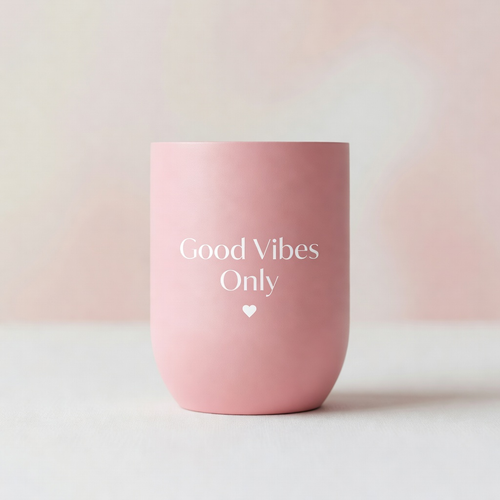Matte pink tumbler with Good Vibes Only text