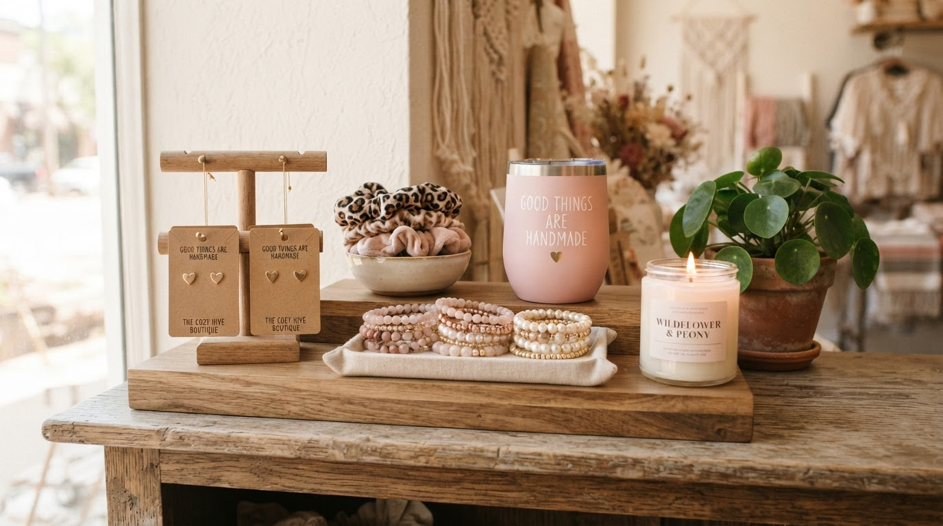 Handmade jewelry, tumblers, and accessories styled on a wooden display