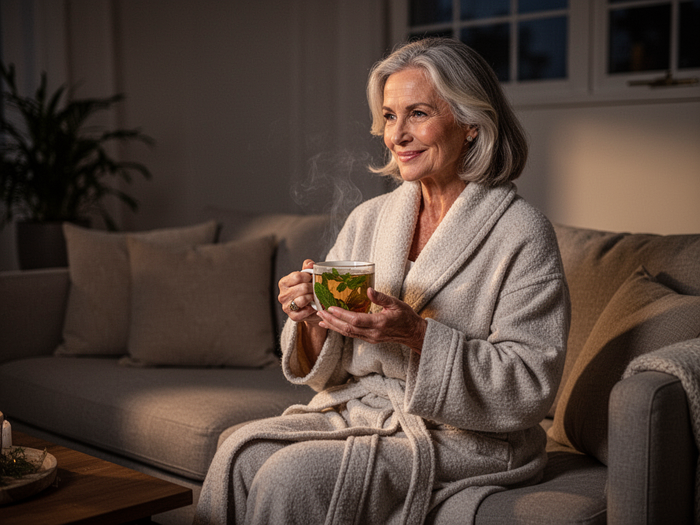 Editorial wellness image of a mature woman with herbal tea in a tranquil living room for Yu Sleep — calm evening ritual, not product packaging