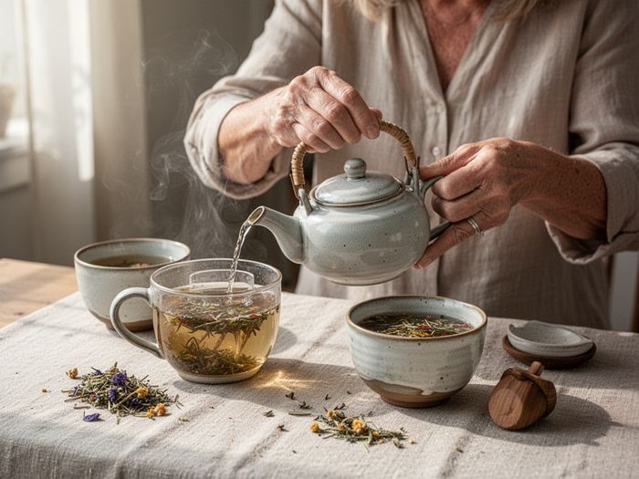 Editorial wellness image of a two-tea morning and evening ritual with ceramic cups for All Day Slimming Tea — herbal tea ceremony, not branded tea