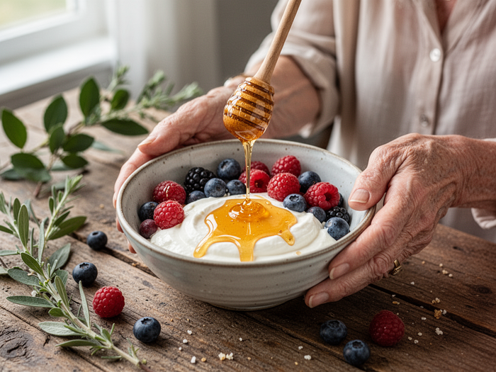 Editorial wellness image of raw honey drizzled over yogurt with berries for HoneyBurn — botanical breakfast close-up, not honey packaging