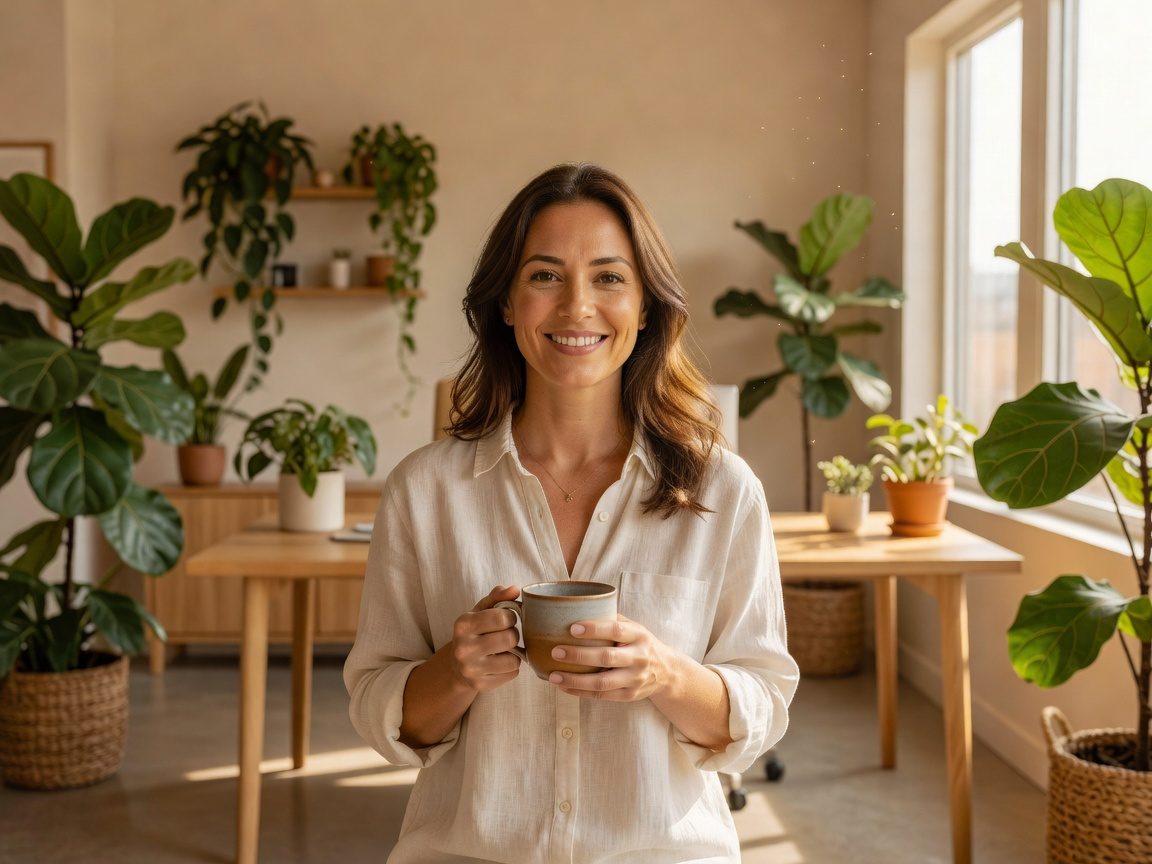 Smiling woman enjoying a calm morning with tea in a bright, plant-filled home
