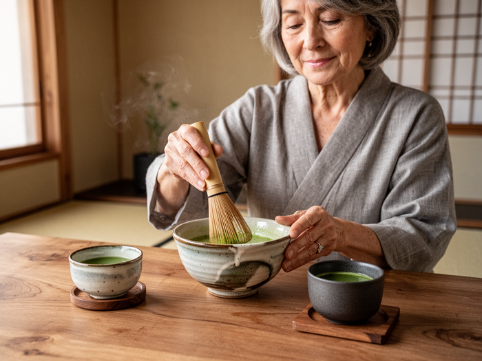 Editorial wellness image of Japanese-inspired matcha preparation in a handmade bowl for Nagano Tonic — zen tea ritual, not a branded tonic