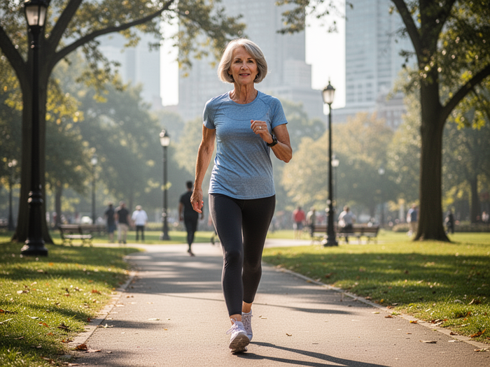 Editorial wellness image of an active mature woman walking confidently in a park for Venus Factor 2.0 — sustainable lifestyle program, not transformation