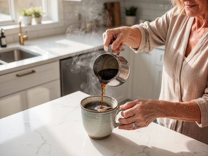 Editorial wellness image of a morning coffee ritual in a bright kitchen for JavaBurn — coffee pour into ceramic mug, editorial lifestyle