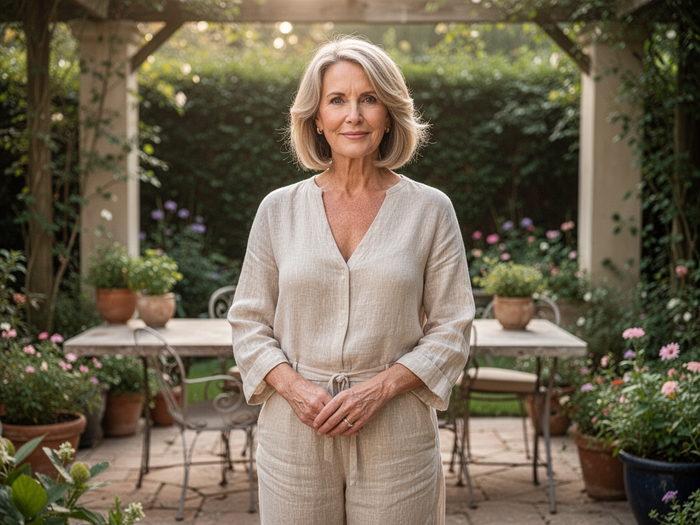 Editorial wellness image of a confident midlife woman in a peaceful garden for FemiCore — empowered hormone wellness lifestyle