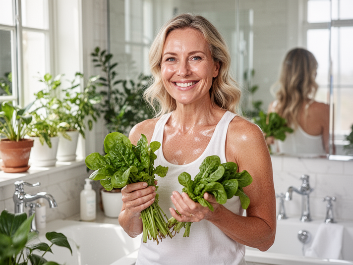 Editorial wellness image of a radiant mature woman with healthy glowing skin for PrimeBiome — gut and skin wellness lifestyle, not a product