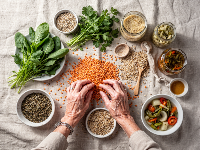 Editorial wellness image of fiber-rich whole foods, lentils, greens and grains for SynoGut — digestive wellness flatlay, not medical