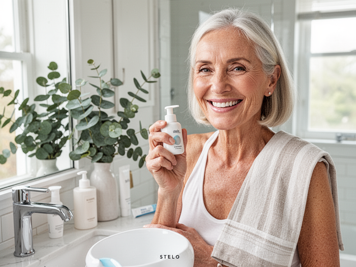 Editorial wellness image of a radiant mature woman smiling in natural light for ProDentim — oral wellness morning lifestyle, not dental packaging