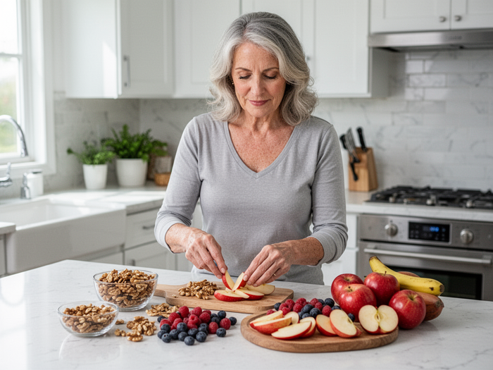 Editorial wellness image of a balanced afternoon snack with nuts, berries and apple for Sugar Defender — craving-smart plate, not a supplement
