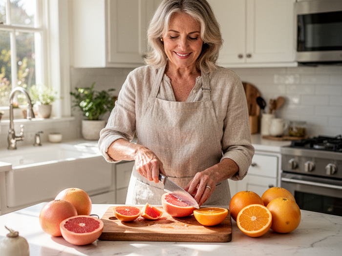 Editorial wellness image of fresh grapefruit and orange slices on a wooden board for CitrusBurn — bright citrus morning kitchen, not product packaging