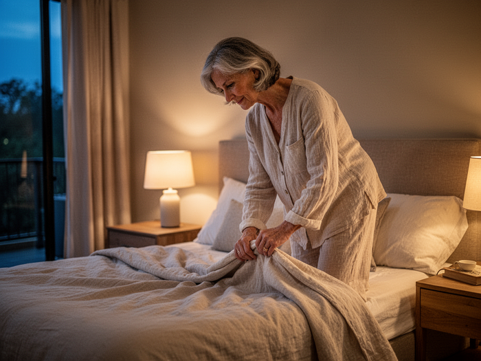 Editorial wellness image of a serene bedroom at dusk for Renew — restful nighttime wind-down ritual, not a supplement