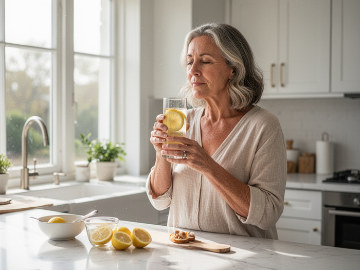 Editorial wellness image of lemon water morning ritual in a sunlit kitchen for AquaSculpt — hydration and daily balance, not a product bottle