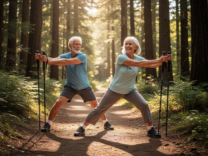 Editorial wellness image of active older adults hiking together for Joint Genesis — joint mobility and joyful movement in nature