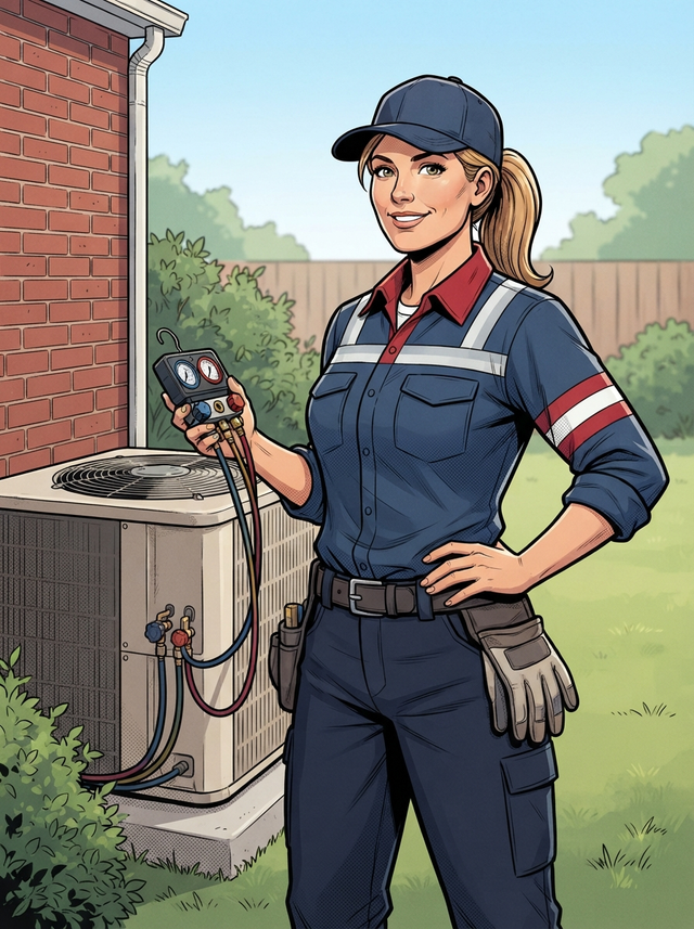 Blonde adult HVAC technician holding gauges beside a residential air-conditioning condenser in a comic-book illustration