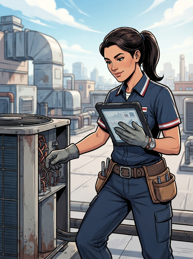 Brunette adult HVAC technician checking an open rooftop condenser with a tablet in a comic-book illustration