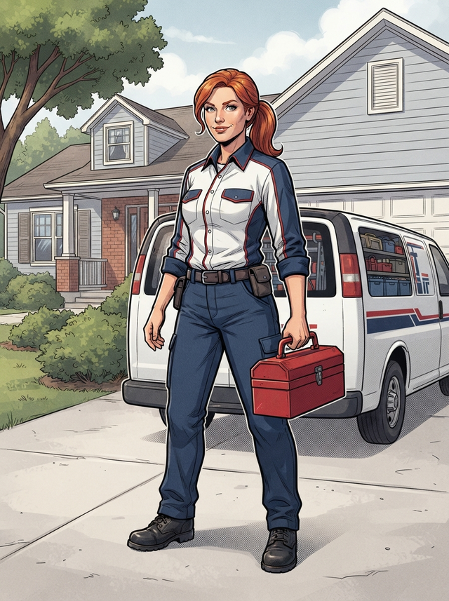 Red-haired adult HVAC technician carrying a tool case beside a service van in a comic-book illustration