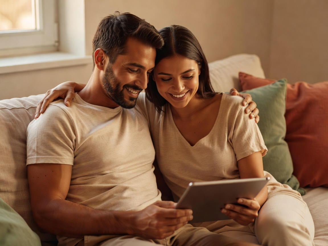 Couple collaborating on tablet together on couch