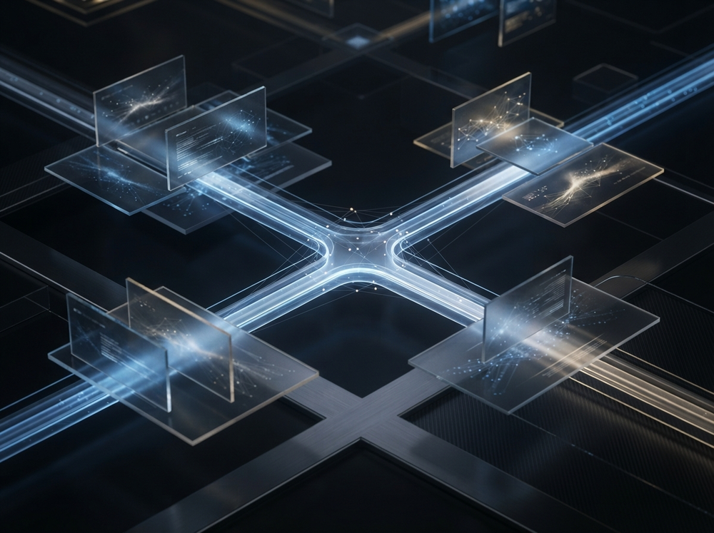 Abstract media panels joined by luminous blue and gold pathways