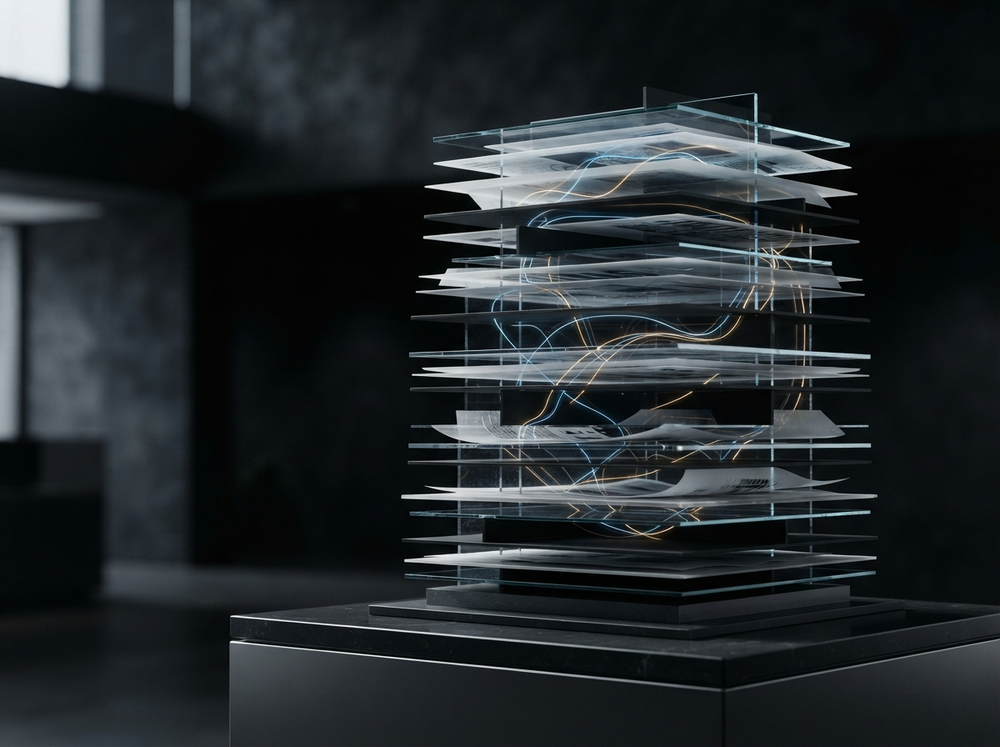Abstract glass editorial layers connected by blue and gold signal paths
