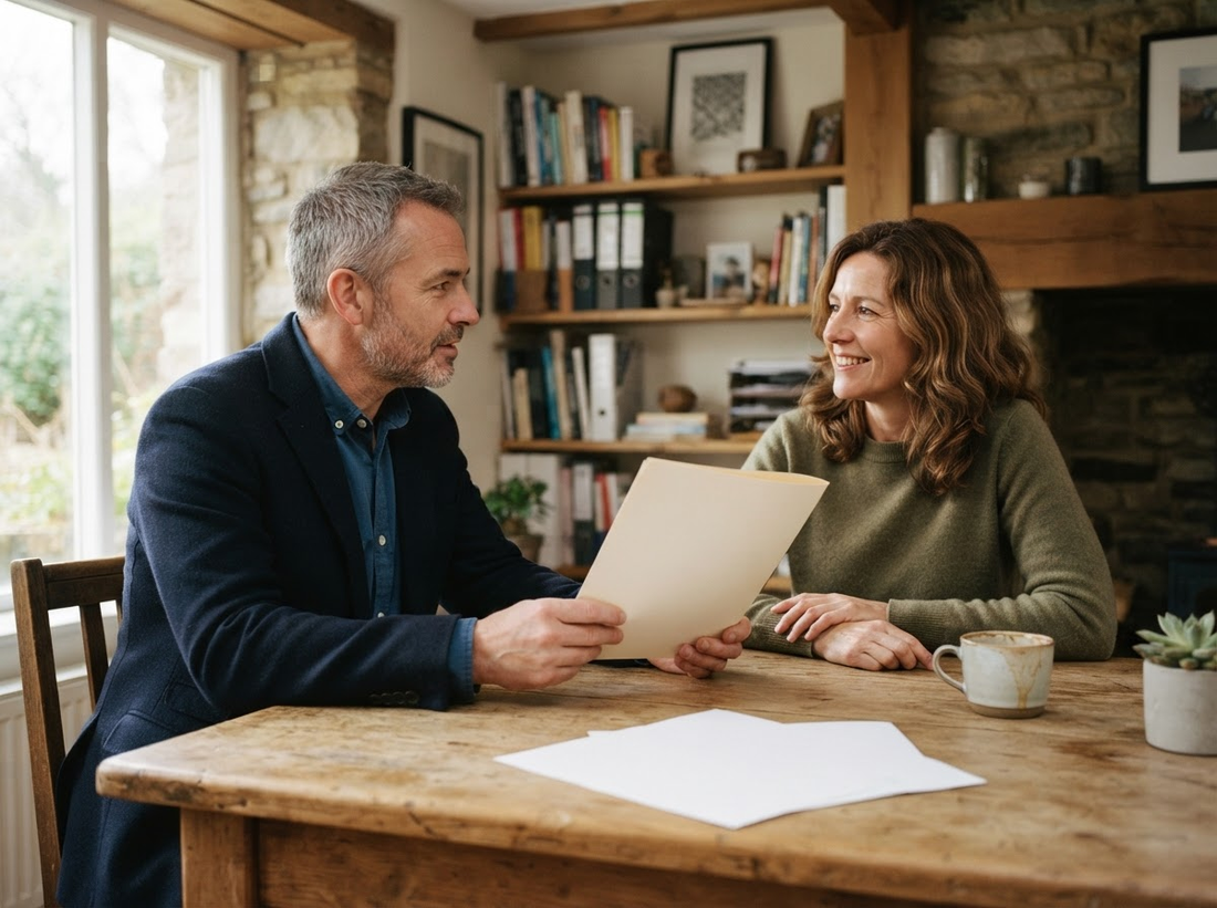 An owner and colleague sharing a customer brief before a thoughtful human handoff.