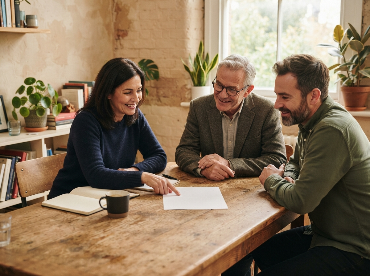 A small professional team planning the next stage of growth together around a sunlit table.