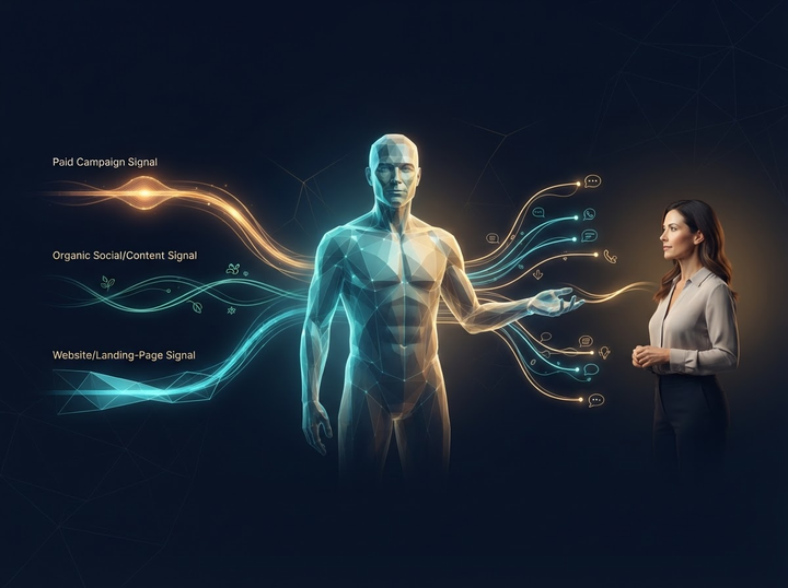 LeadWorks, AMPLIFYY's sales engine, shown moving from demand generation through individual conversation paths to human handoff.