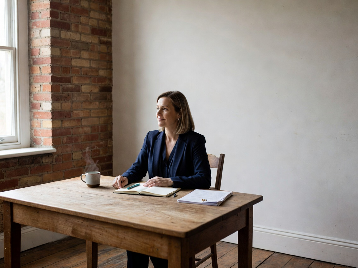 A mature business owner in a warm UK workspace, taking a clear moment to plan the next decision.