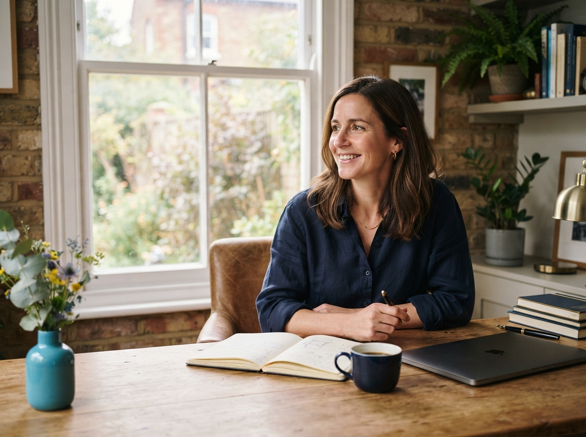 An owner working through notes and customer details in a warm, lived-in business workspace.