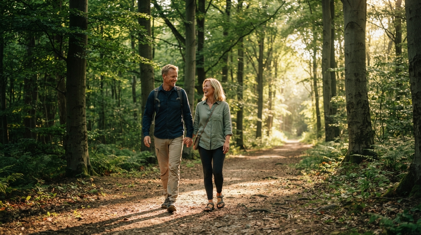 Par i moden alder går hånd i hånd gennem en sollys bøgeskov – fællesskab, natur og langsom bevægelse