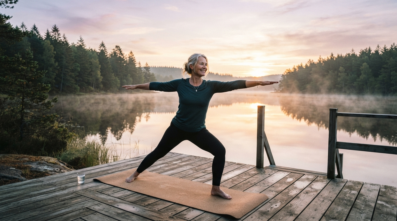 Kvinde laver yoga ved en stille sø i morgentåge, ro, balance og morgenrutine i det fri
