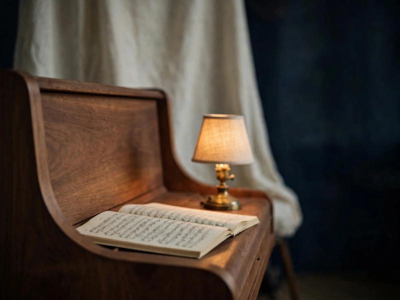 A piano and sheet music in a calm, softly lit studio.