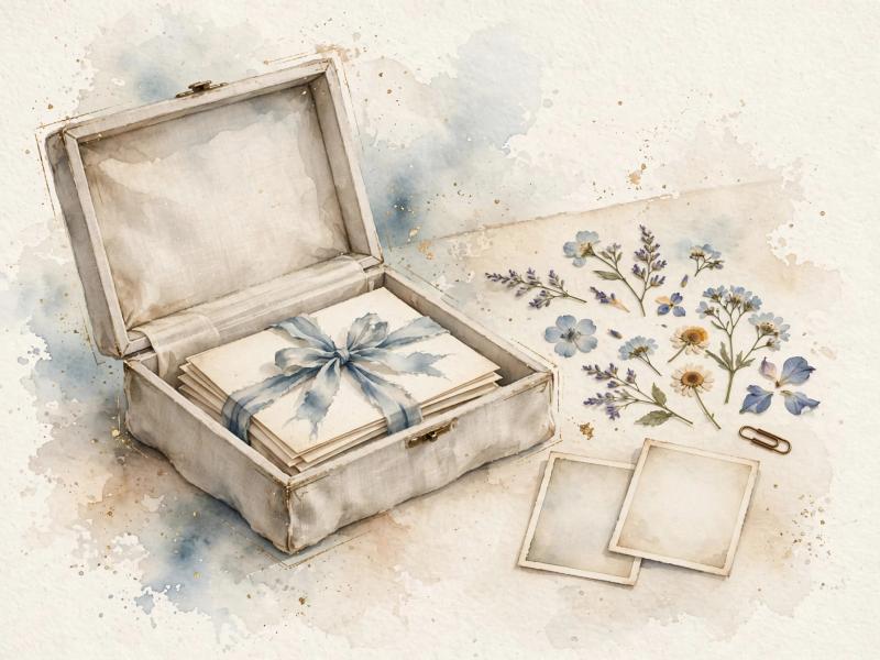 A keepsake box with letters, pressed flowers and photographs in soft watercolor tones.