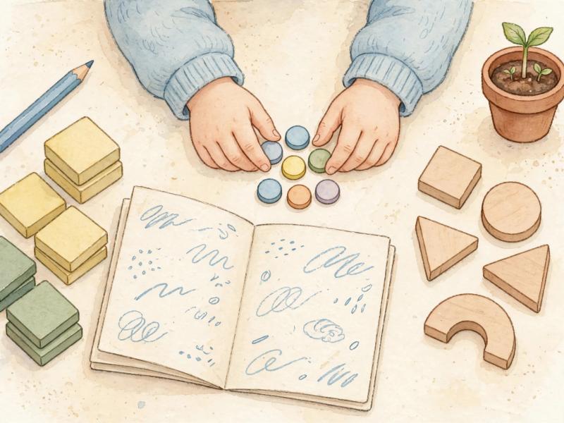 Gentle storybook-style learning materials arranged for playful discovery.