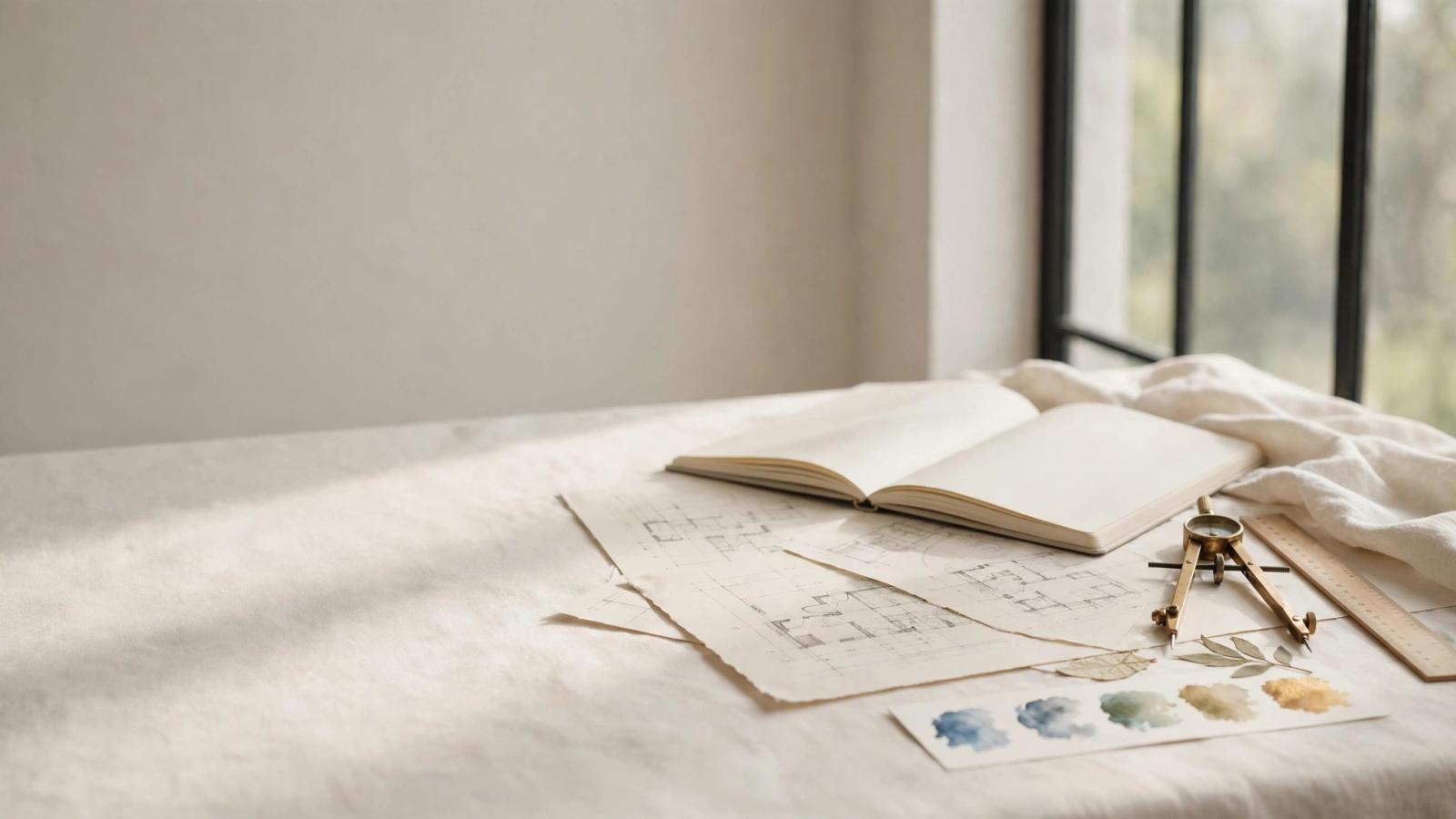 A warm creative workspace with architectural sketches, a notebook and carefully arranged design tools.
