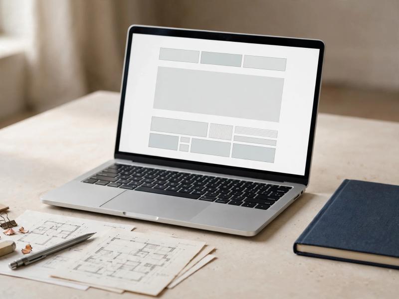 A laptop displaying a small-business website beside architectural sketches and design tools.