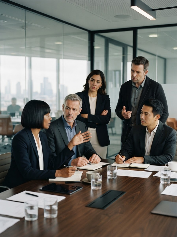 Business leaders discussing a strategy in a conference room.