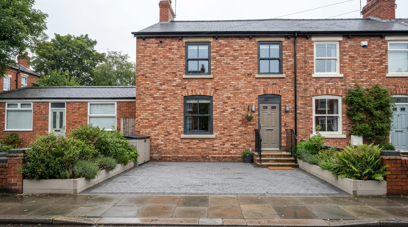 Illustrative Manchester property with a tidy driveway and planted front garden