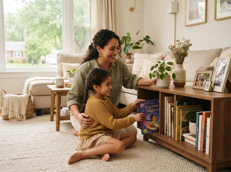 A mother and daughter reading together on the floor of a welcoming living room.